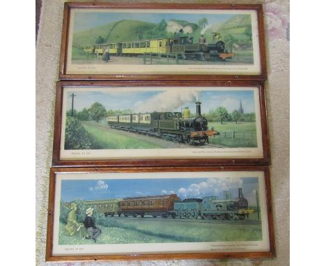 3 framed vintage railway carriage prints by C Hamilton Ellis 'Travel in 1880, 1895 and 1905' 66 cm x 27 cm (size including fr
