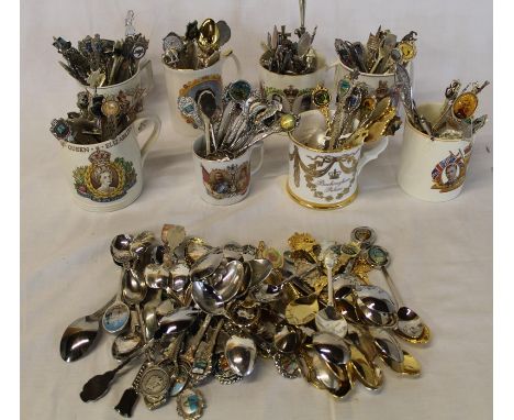 Large selection of souvenir spoons, 9 commemorative mugs &amp; Golden Jubilee trinket pot