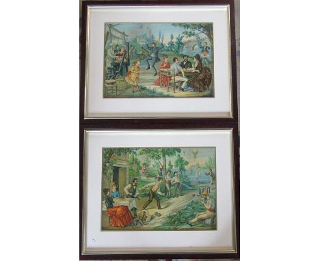 Pair of framed Victorian coloured prints inc bowling by the riverbank 55 cm x 46 cm (size including frame)
