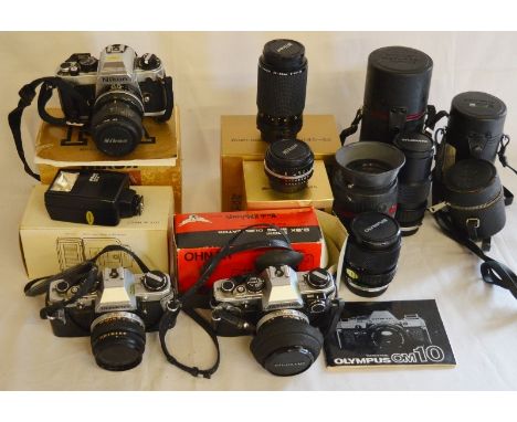 Nikon FA SLR camera &amp; 2 Olympus OM10 cameras, Nikon Speed Light flash, 2 Nikon lenses (zoom 70-210 &amp; 50mm), 2 Olympus