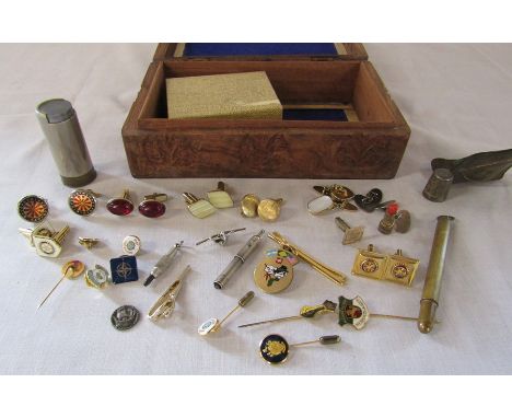 Box containing selection of cufflinks and tie pins etc inc Rotary Club, coin shotgun cartridge holder, thimble etc