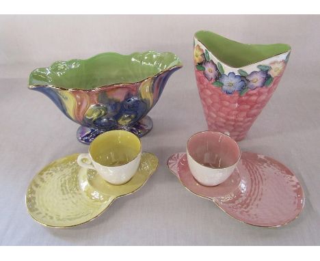 2 Maling lustre ware vases H 20 cm and 15 cm and two Maling cups and saucers