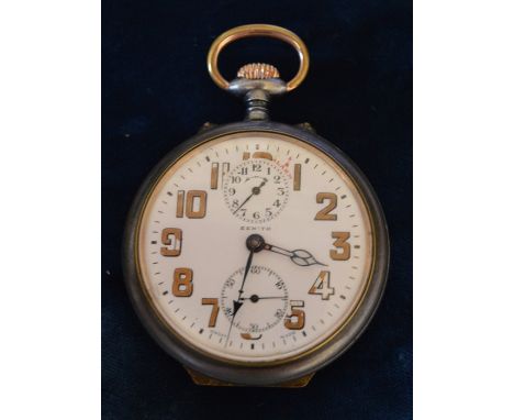 Zenith alarm pocket watch in a gun metal case with luminous numerals (some worn). Pitting to back of case&nbsp;