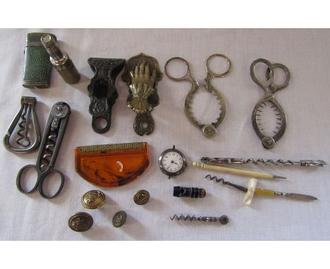 Various items inc corkscrews, mini pick and file, buttons, lighter, small agate whistle, silver wrist watch (no strap), metal