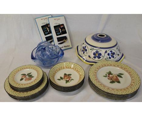 Johnson Bros "Fruit Sampler" part dinner service, large blue glass bowl and 6 small dishes, ceramic lampshade &amp; 2 travel 