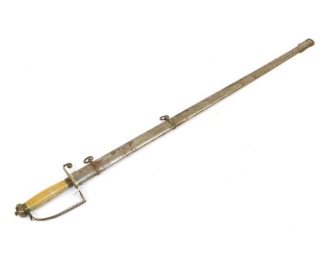 A Georgian Spadroon, with plain 76cm single edge fullered steel blade, the brass hilt with pierced D shape guard, angular knu