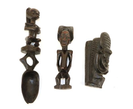 A 20th Century Fang Anthropomorphic Carved Wood Spoon, with oval bowl, the handle carved as a seated figure, 40cm; a Chokwe T