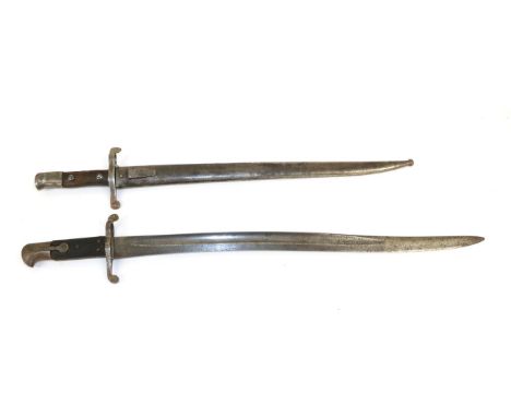 A British 1856 Pattern Yataghan Sword Bayonet, the blade stamped with Sold Out of Service arrows, lacks scabbards; a Portuges