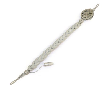 A German Third Reich Army Marksman's Lanyard, in plaited silver coloured metal thread set with a white metal badge with silve