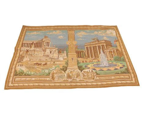 A German Third Reich Machine Woven Tapestry Panel, made to show the alliance between fascist Italy and Germany, depicted by s