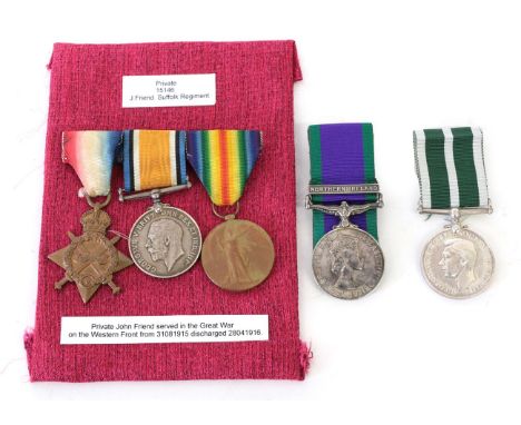 A First World War Trio, comprising 1914/15 Star, British War Medal and Victory Medal, awarded to 15146 PTE J. FRIEND. SUFF: R