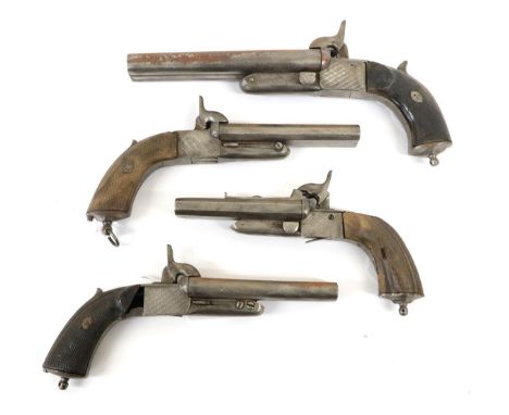 Four 19th Century Continental Side by Side Double Barrel Pinfire Pistols, two with octagonal barrels and two with round barre