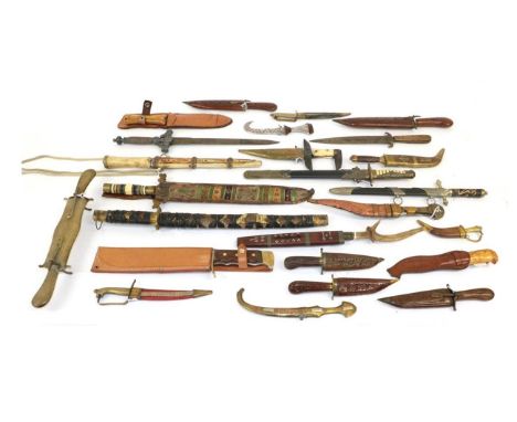 Three Hunting Knives, each with wood grip and leather scabbard; a Quantity of Knives and Daggers, mainly Indian copies