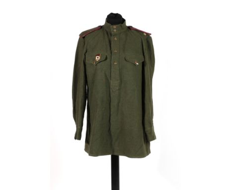 A Rare Second World War Soviet Infantry Officer's Green Wool Shirt/Jacket, to a Lieutenant of the Guards Infantry, with stand