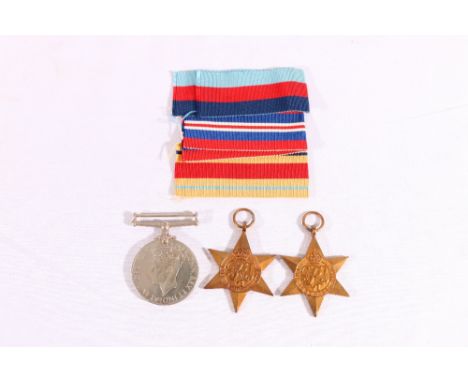 WWII three medal group to include war medal, 1939-1945 star and African star with 8th army clasp in issue box to F S ALLEN, L