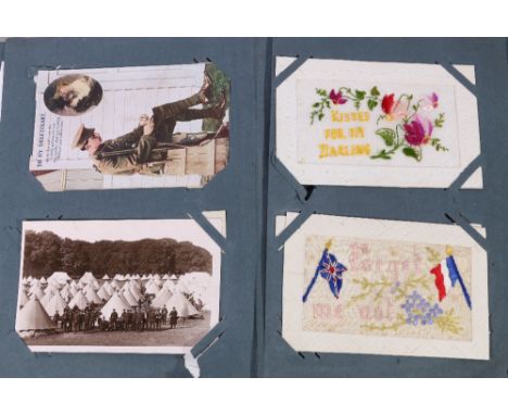 Postcard Collection in one album of approximately one hundred cards to include two WWI embroidered cards, Fred Spurgin, Donal