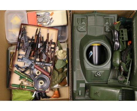 Action Man collection to include three action figures, helmets, boots, rifles, tank, boat, motorcycle etc.