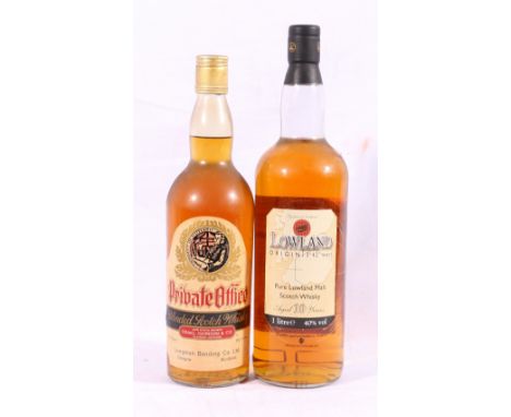 PRIVATE OFFICE blended scotch whisky 70 proof, 26 2/3 fl oz and LOWLAND ORIGIN 10 year old Lowland malt scotch 1 litre whisky