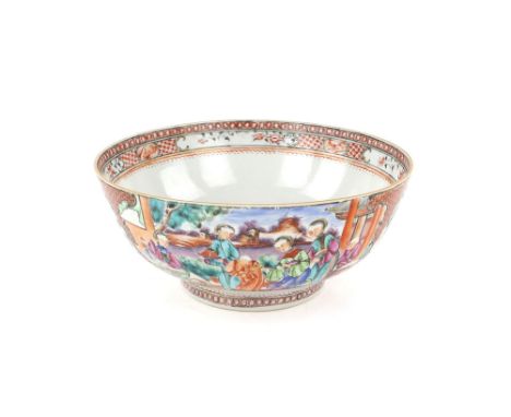 Chinese porcelain bowl decorated with panels of figures in an outdoor setting, on round foot, 26cm diameter,