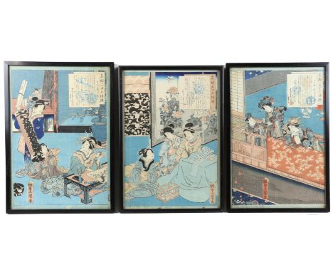 Nine Japanese woodblock prints depicting ladies at various pursuits, each 34.5cm x 24cm, (9),