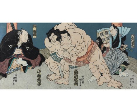 Two 20th century Japanese woodblock prints depicting Sumo wrestling matches, with captions, each 22cm x 44.5cm, (2),