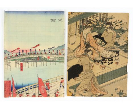 Seven Japanese woodblock prints, to include Utagawa left-hand section of triptych 'The entourage of Lord Mashiba Hisayoshi on