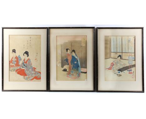 Three early 20th century Japanese woodblock prints depicting ladies dressing, another playing a Koto, and two ladies kneeling