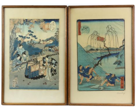 Two Japanese woodblock prints, one depicting ladies in an outdoor setting, 34cm x 24cm, and another of three at the foot of a