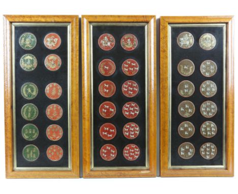 Indian Ganjifa playing cards, consisting of two part sets with different suits to include white lions, gold fish, white horse