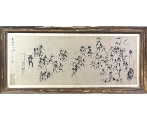 A Chinese picture of mythological, ghost-like creatures fighting together; the left hand side with inscription and red seal; 