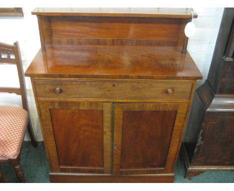 19th century mahogany sideboard, the top with backboard and shelf raised on two columns with brass gallery rail, the base wit