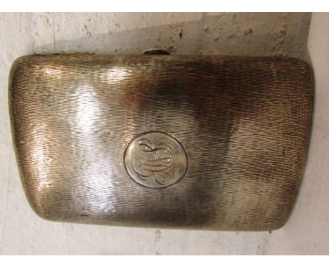 Large silver cigarette case engine turned with granular finish and engraved with monogram, presentation inscription within 'C