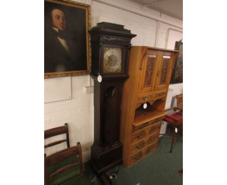 A late 18th century oak cased eight-day striking grandfather clock with mahogany banding standing 222cm high. The square hood