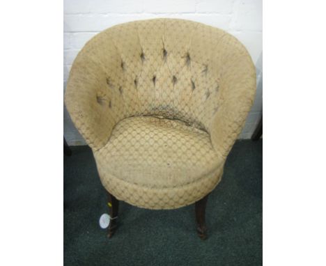 Victorian button back tub armchair with probably original pale upholstery with floral lattice pattern and now requiring resto