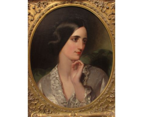 A charming Victorian oval portrait of a woman, oil on canvas in heavy gilt gesso frame (52cm x 42cm), signed to the border lo
