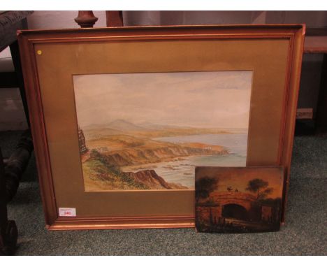 Headland with boats and quay, watercolour and pencil, (26.5cm x 36cm) F&G; and a small un-framed oil on panel depicting two f