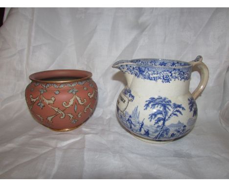 19th century pottery jug transfer decorated in blue on white with name panel VOLUNTEER INN (height 13cm), and a Langley Ware 