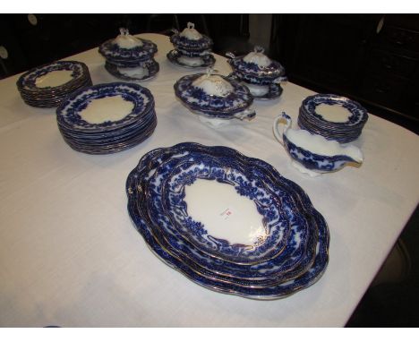 A part dinner service transfer decorated with blue on white with gilt lines, several pieces marked POUNTNEY'S BRISTOL SEMI-CH