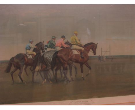 After Alfred James Munnings (1878-1959), 'October Meeting', colour print, signed in pencil to the margin lower right, blind s