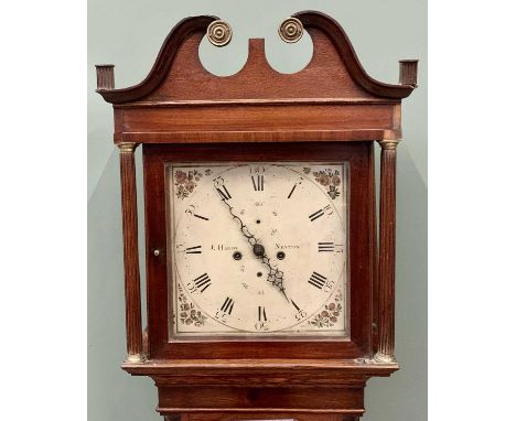 CIRCA 1830 OAK &amp; MAHOGANY LONGCASE CLOCK having a 13ins square painted enamel dial with eight day bell strike movement by