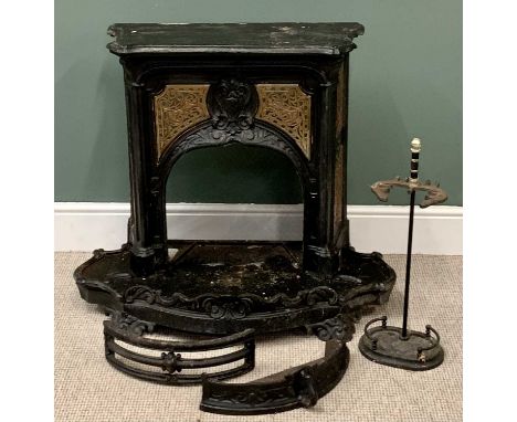 CIRCA 1900 CAST IRON BEDROOM FIREPLACE, incorporated hearth with shaped detail repeated to the mantelpiece top, the sides and