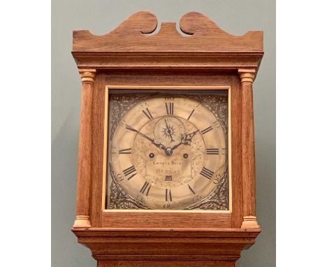 ANTIQUE OAK LONGCASE CLOCK by George Bucke, Bungay, 12ins square brass dial having pierced spandrels, the dial set with Roman