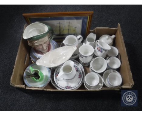 A box of Royal Doulton Autumn Glory tea service, Royal Doulton Regency Gold china, Maling jug and bowl etc 