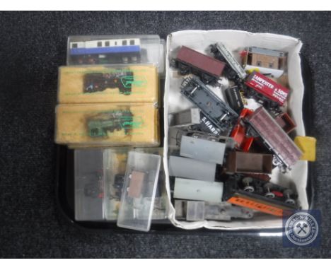 A tray of boxed and unboxed rolling stock including Lilliput engines, Egger-Bahn engine and wagons etc 