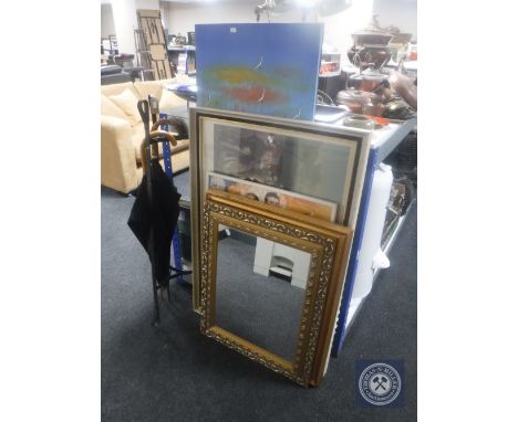 A wrought iron stand together with two parasols, antiquarian print, gilt framed mirror, signed drum skin, oil on canvas, post