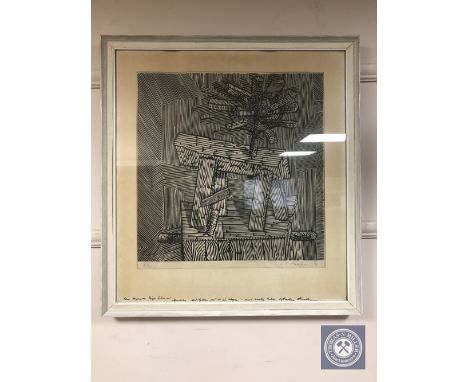 Continental woodblock print signed in pencil, abstract figure, 48 cm x 30 cm 