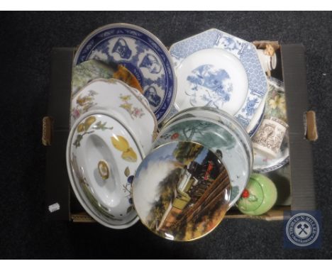 A box containing antique and later wall plates and china, Royal Worcester Evesham oven dish, Flying Scotsman collector's plat