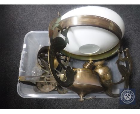 An Art Nouveau brass rise and fall hanging oil lamp with shade 