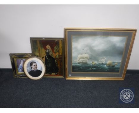 An antiquarian gilt framed oil on canvas of Queen Victoria, two framed portraits and a large gilt framed print