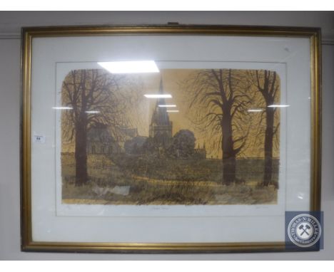 A gilt framed signed limited edition lithographic print of Chichester Cathedral by Robert Tavener, number 23 of 50 